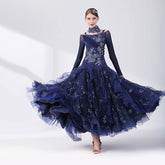 Women's Long Sleeve Navy Blue Lace Diamond WaltBallroom Dance Competition Modern Dance Large Swing Dress
