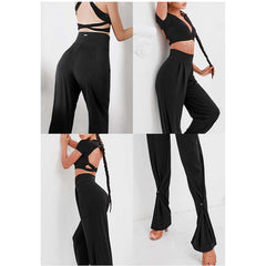 Women's Black High Waisted Wide Two Ways To Wear Latin Dance Wear Training Performance Pants