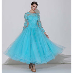 Women's Skyblue Round Neck Lace Modern Ballroom Dance Dress Swing Dress Training Performance Dress
