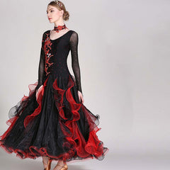 Women's Long Sleeve Lace Diamond WaltBallroom Dance Competition Modern Dance Large Swing Dress