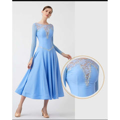 YUN Customisable-Women's Long Sleeve Sky Blue Dance Costume Dress For Ballroom Dancing standard/Smooth Dress