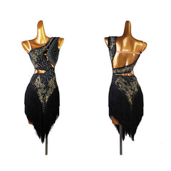 Customisable-Women's Performance Sleeveless Black Tassels Latin Salsa Dance Dress Competition Dress