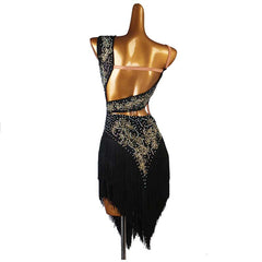Customisable-Women's Performance Sleeveless Black Tassels Latin Salsa Dance Dress Competition Dress