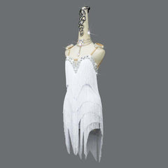 Customisable-Women's White Tassel Latin Dance Dress Professional Dance Stage Performance Wear