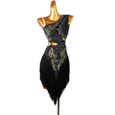 Customisable-Women's Performance Sleeveless Black Tassels Latin Salsa Dance Dress Competition Dress