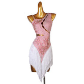 Customisable-Women's Performance Sleeveless Blue Tassels Latin Salsa Dance Dress Competition Dress