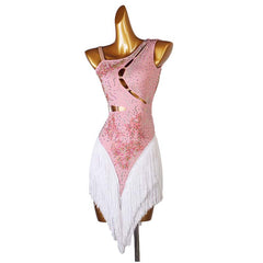 Customisable-Women's Performance Sleeveless Blue Tassels Latin Salsa Dance Dress Competition Dress