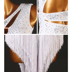 Customisable-Women's Performance Sleeveless White Tassels Latin Salsa Dance Dress Competition Dress