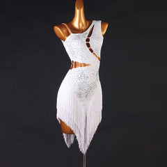 Customisable-Women's Performance Sleeveless White Tassels Latin Salsa Dance Dress Competition Dress