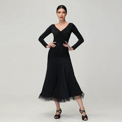 Customisable-Women's V Neck Long Sleeve WaltModern Ballroom Dance Dress Competition Dresses
