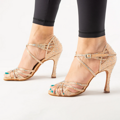 Women's Satin Customized Heel Open Toe Strappy Dance Shoes with Crystals