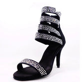 Women's Satin Black Rhinestone Customized Heels Dance Boots Salsa Dance Shoes