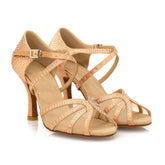 Women's Light Brown Customized Heel Strappy Satin Rhinestones Sandal Dance Shoes