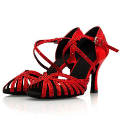 Women's Red Satin & Rhinestones Sandal Customized Heel Dance Shoes