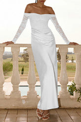 Off Shoulder Lace Patchwork Long Sleeve Ruched Slim Fit Maxi Dresses-White