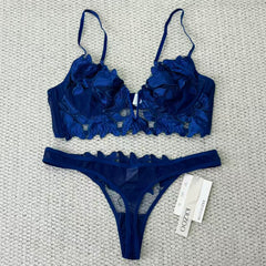 Deep V embroidered lace bra set