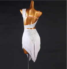 Customisable-Women's Performance Sleeveless White Tassels Latin Salsa Dance Dress Competition Dress