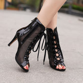 Women's Black 8.5cm Slime Heel Rubber Sole Mesh JazShoes Lace-up Open Toe Dance Heels Boots