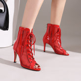 Women's Red 8.5cm Slime Heel Rubber Sole Mesh JazShoes Lace-up Open Toe Dance Heels Boots