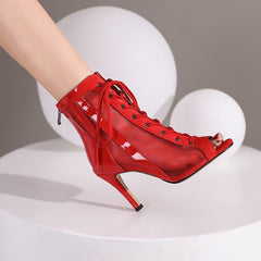 Women's Red 8.5cm Slime Heel Rubber Sole Mesh JazShoes Lace-up Open Toe Dance Heels Boots