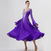 YUN Customisable-Women's Long Sleeve VNeck Backless DiamonDress For Ballroom Dancing Smooth Dress