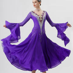 YUN Customisable-Women's Long Sleeve VNeck Backless DiamonDress For Ballroom Dancing Smooth Dress