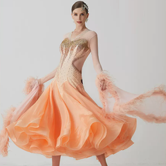 YUN Customisable-Women's Long Sleeve V Neck DiamonWaltModern Ballroom Dance Dress Competition Dresses