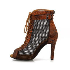Women's Brown 9.5cm Heel Peep Toe Hollow-out Heels Dance Boots JazSalsa Dancing Shoes