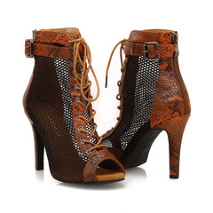 Women's Brown 9.5cm Heel Peep Toe Hollow-out Heels Dance Boots JazSalsa Dancing Shoes