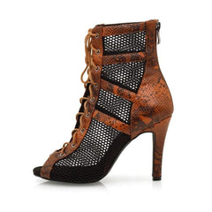 Women's Brown Customized Heel Peep Toe Hollow-out Heels Dance Boots JazSalsa Dancing Shoes