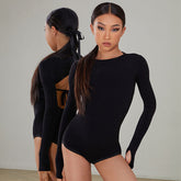 Girls Black Long-sleeved Dancewear Practice Tops Bodysuit