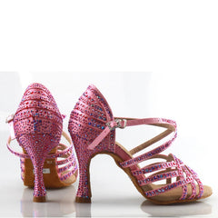 Women's Pink Sparkling Glitter Customized Heel Salsa Latin Dance Shoes Ballroom Dance Shoes