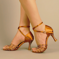 Women's Brown Customized Heel Open Toe Strappy Latin Dance Shoes With Crystals