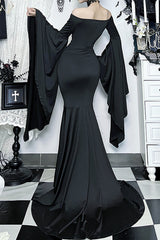 Off Shoulder Bell Sleeve Fitted Mermaid Gowns Maxi Dresses-Black