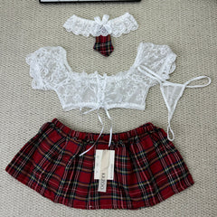 Belted lace-checkered short dress set