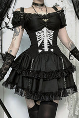 Cami Corset Off Shoulder Lace Ruffled Trim Mini Dresses 2pcs Set-Black