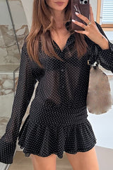 Polka Dot Print Long Sleeve Cinch Waist Mini Shirt Dresses-Black