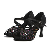 Women's Black Satin Rhinestones Sandal Customized Heel Latin Dance Shoes Dance Heels
