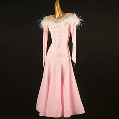 Customisable-Women's Pink Round Neck Long Sleeve DanceWear Ballroom Dance Dress