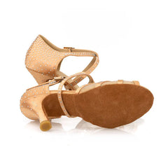 Women's Light Brown Customized Heel Strappy Satin Rhinestones Sandal Dance Shoes