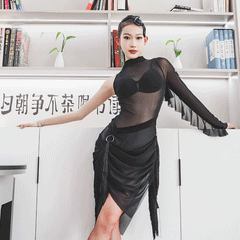 YJFY Women's Black Tassel Latin Dance Dress Dance Wear Training Performance Dress