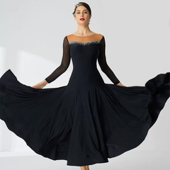 YUN Customisable-Women's Long Sleeve Round Neck DiamonWaltModern Ballroom Dance Dress