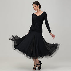 Customisable-Women's V Neck Long Sleeve WaltModern Ballroom Dance Dress Competition Dresses