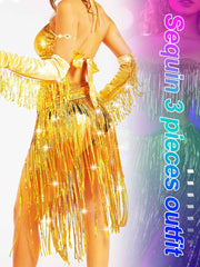 Gold Sequin Fringe Set - Bra Skirt and Sleeve Set