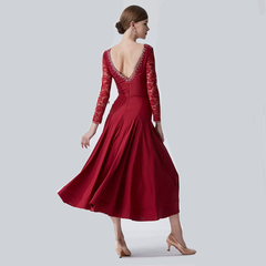 YUN Customisable-Women's Long Sleeve V-neck Backless DiamonWaltModern Ballroom Dance Dress Competition Dresses