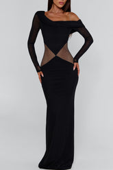 Asymmetric Cami Long Sleeve Fishnet Patchwork Maxi Dresses-Black Pre Order
