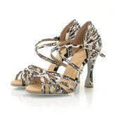 Women's Leopard 9cm Heel Strappy Satin Rhinestones Sandal Latin Dance Shoes