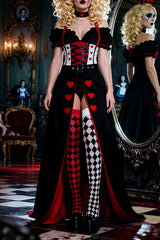 Off Shoulder Playsuit Romper Hearts Print Slit Maxi Skirt Halloween Set-Black