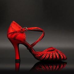 Women's Red Satin & Rhinestones Sandal Customized Heel Dance Shoes