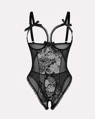 Sexy Flower Lace Mesh Stitching Chest Hollow Open Crotch One-Piece Pajamas